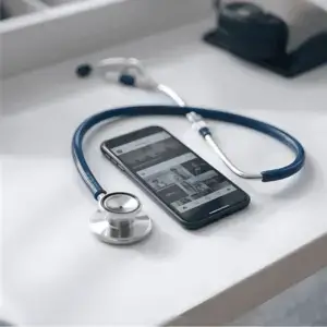 Στηθοσκόπιο δίπλα σε smartphone που εμφανίζει προφίλ Instagram για γιατρούς
