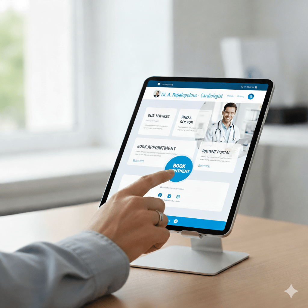 Άνδρας κάθεται σε γραφείο και κρατά tablet με ανοιχτή επαγγελματική ιστοσελίδα ή dashboard στατιστικών.