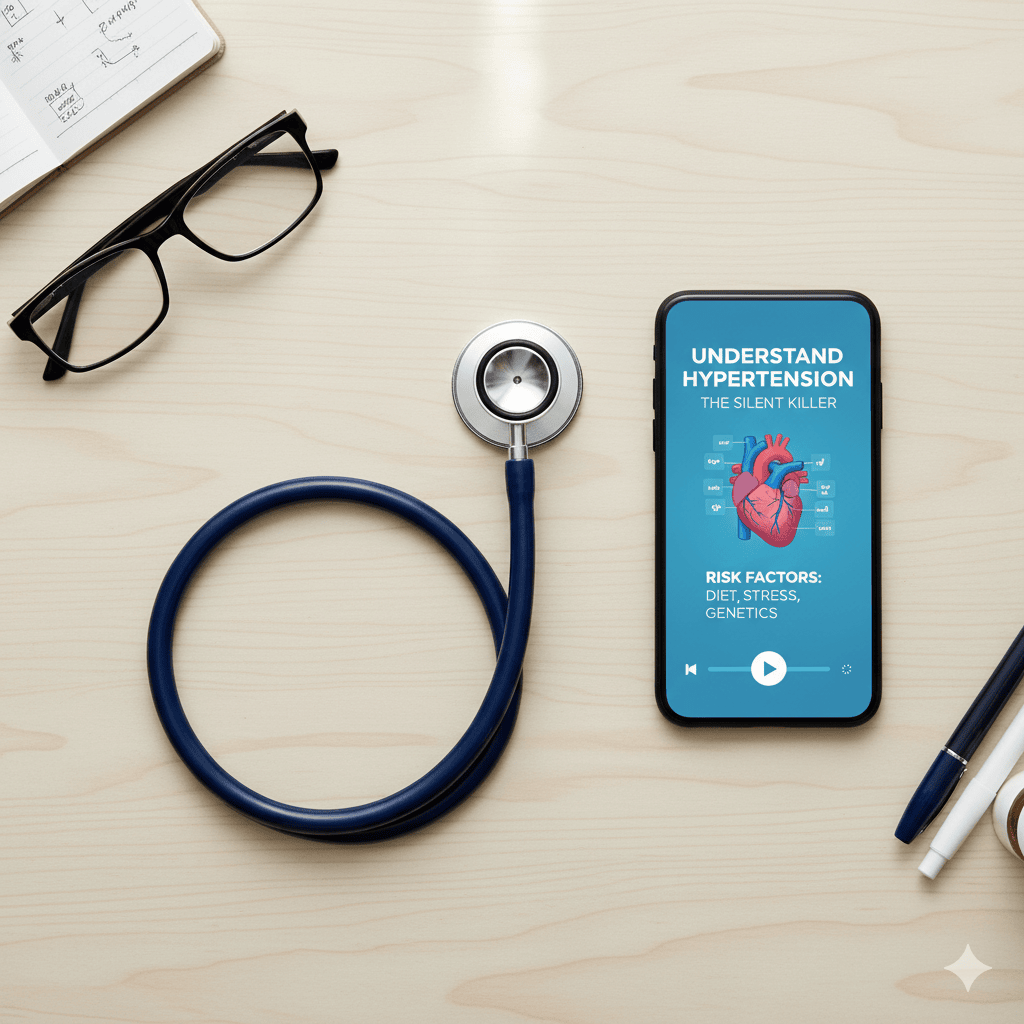 Στηθοσκόπιο, γυαλιά, στυλό και κινητό τηλέφωνο με ανοιχτό προφίλ social media τοποθετημένα σε λευκό γραφείο.