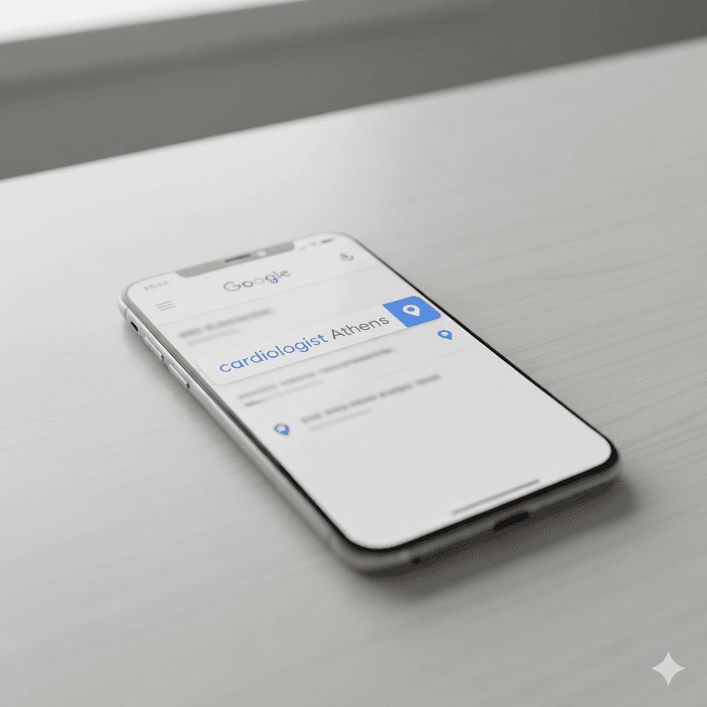 Κινητό τηλέφωνο πάνω σε λευκή επιφάνεια με ανοιχτά τα αποτελέσματα αναζήτησης Google για θέματα SEO.
