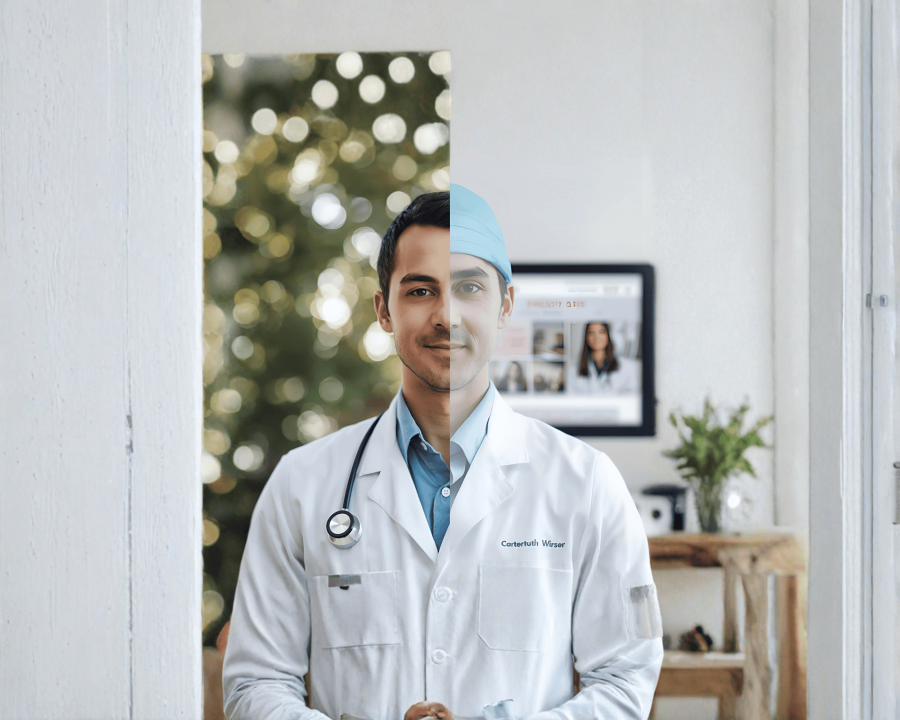 Άνδρας γιατρός με λευκή ποδιά, χαμογελά στο γραφείο του με φόντο στολισμένο χριστουγεννιάτικο δέντρο.