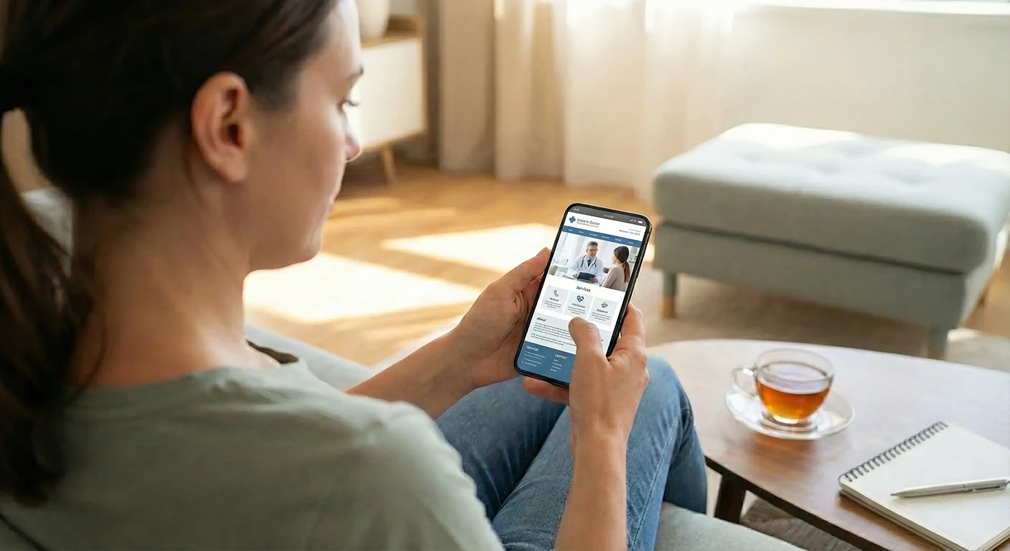 Γυναίκα χρησιμοποιεί κινητό τηλέφωνο για τηλεϊατρική συνεδρία ή ιατρική εφαρμογή, καθισμένη άνετα στο σπίτι