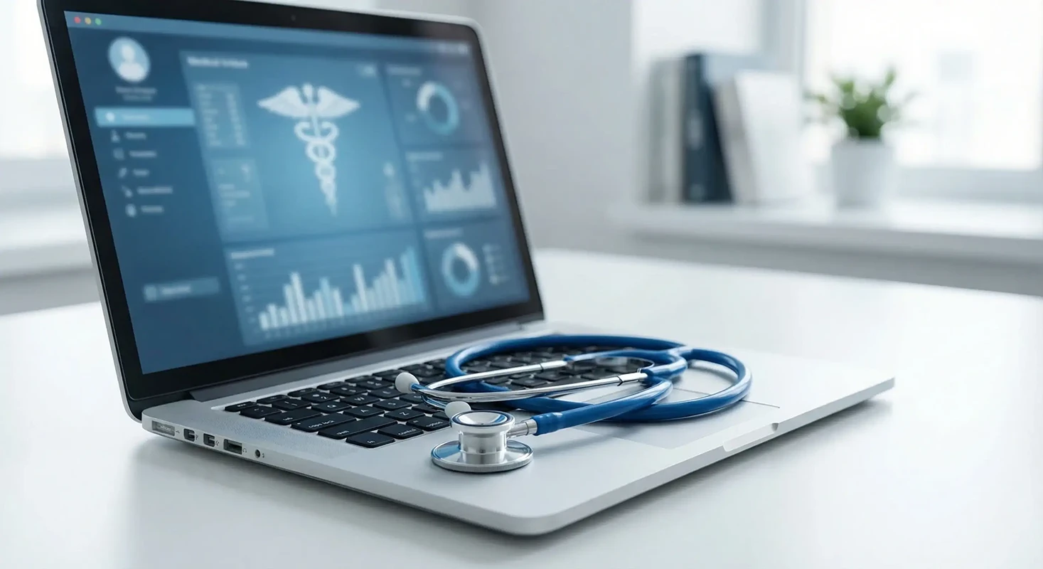 Laptop με ιατρική λογισμική πλατφόρμα και στατιστικά δεδομένα δίπλα σε σκουρόχρωστο σφυγμοσκόπιο σε γραφείο ιατρείου