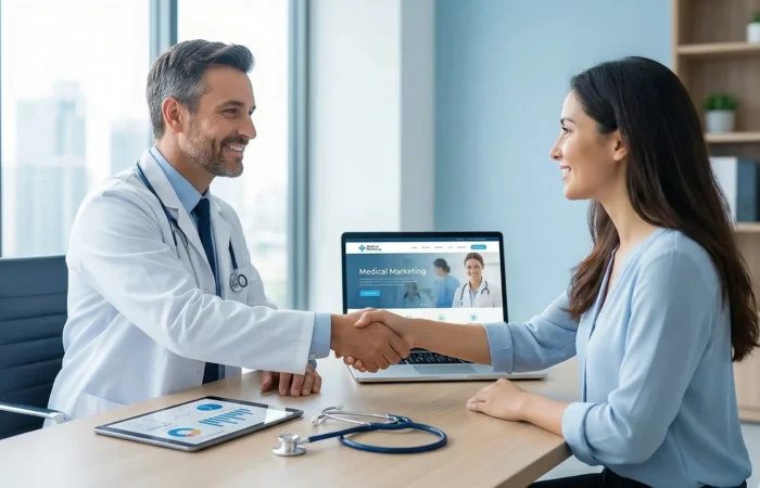 Medical marketing: η σημασία της εξειδίκευσης 1 Ιατρός δίνει χειραψία σε γυναίκα σε μοντέρνο ιατρείο με υπολογιστή και ιατρικό site στην οθόνη.