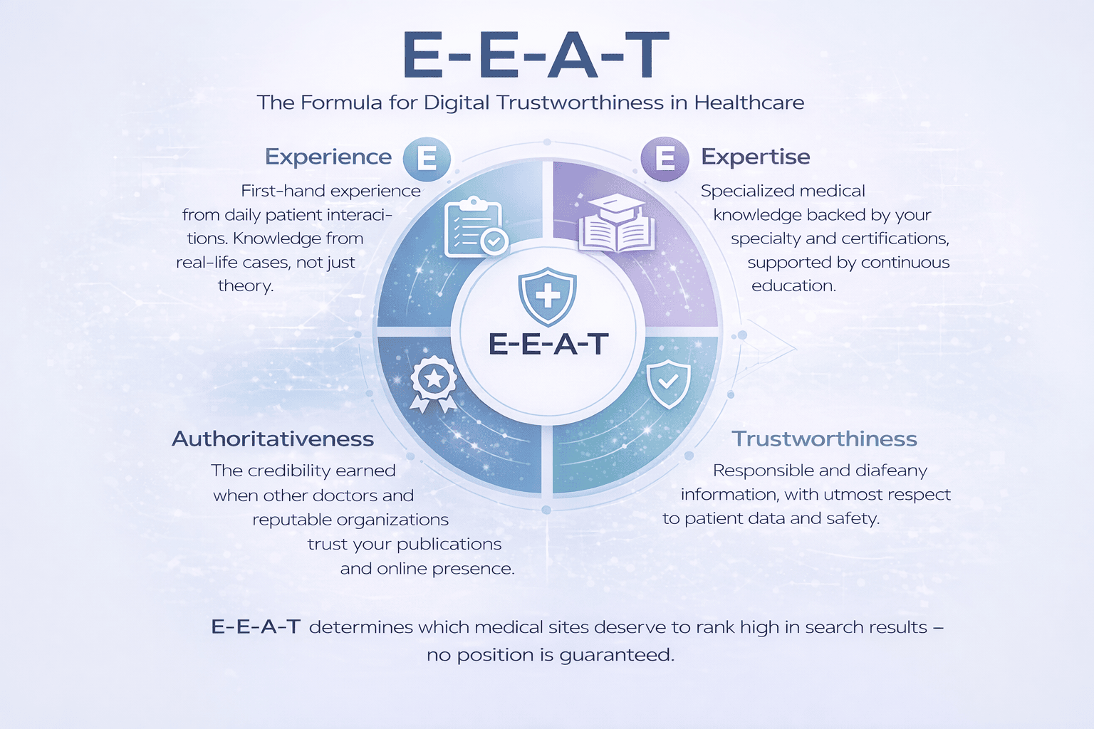 Διάγραμμα E-E-A-T με τα τέσσερα στοιχεία: Experience, Expertise, Authoritativeness και Trustworthiness στο ιατρικό περιεχόμενο.